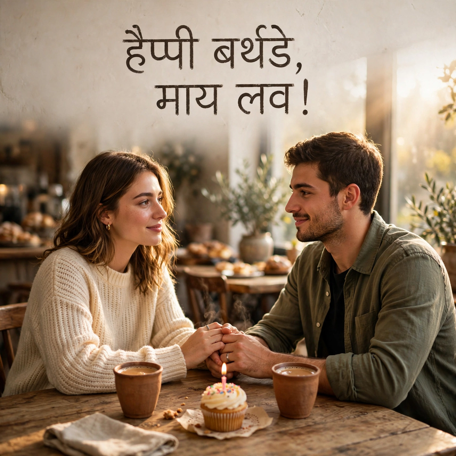 कैफे में हाथ पकड़े जोड़े की हैप्पी बर्थडे माय लव तस्वीर