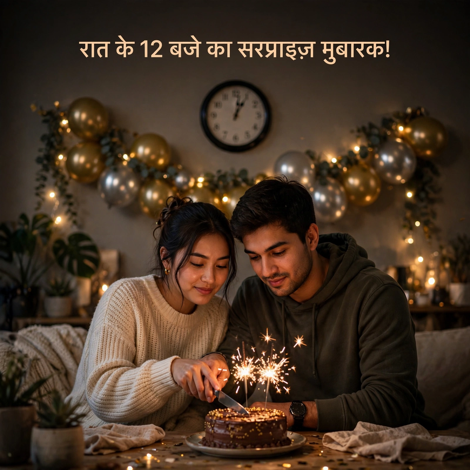 रात 12 बजे सरप्राइज़ बर्थडे केक काटते जोड़े की तस्वीर